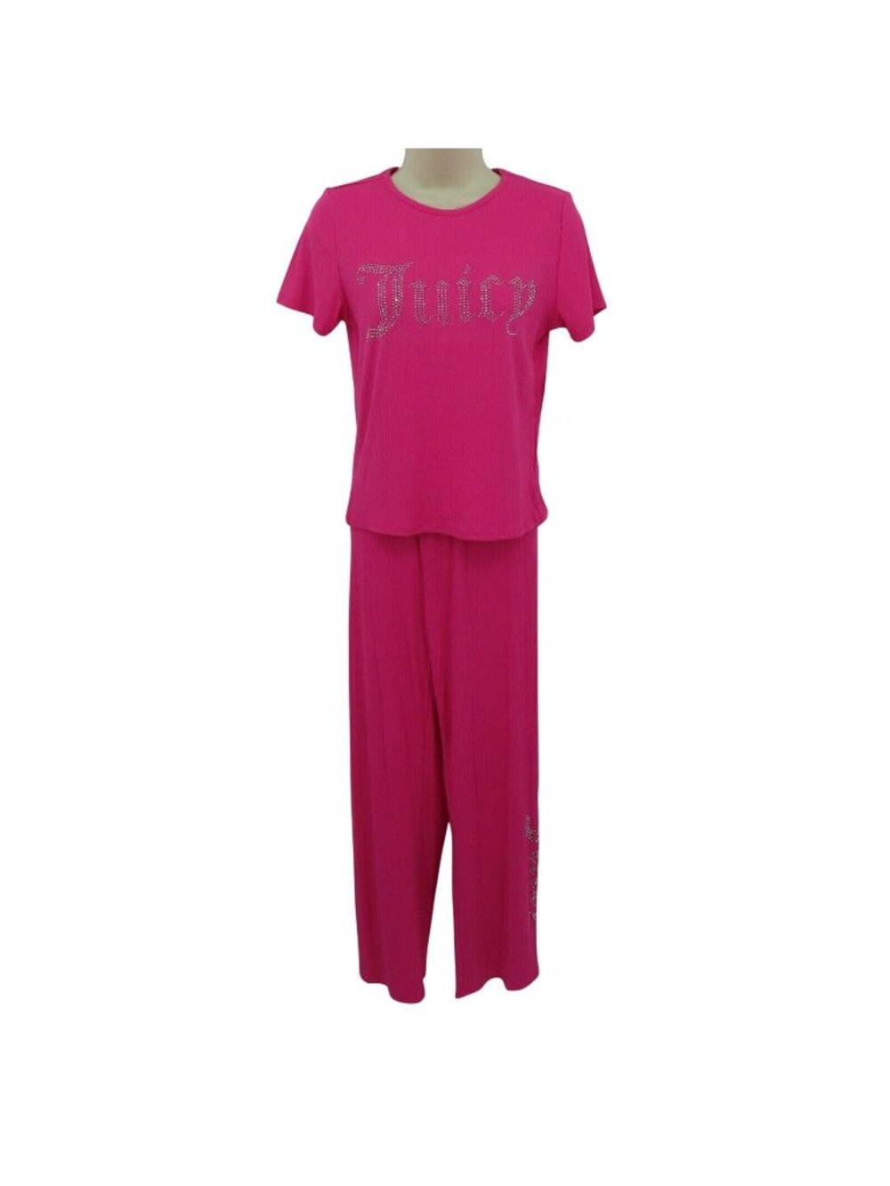 Juicy Couture Medium Pink Ribbed Rhinestone Logo Shirt Pants PJs Pajama Set NEW